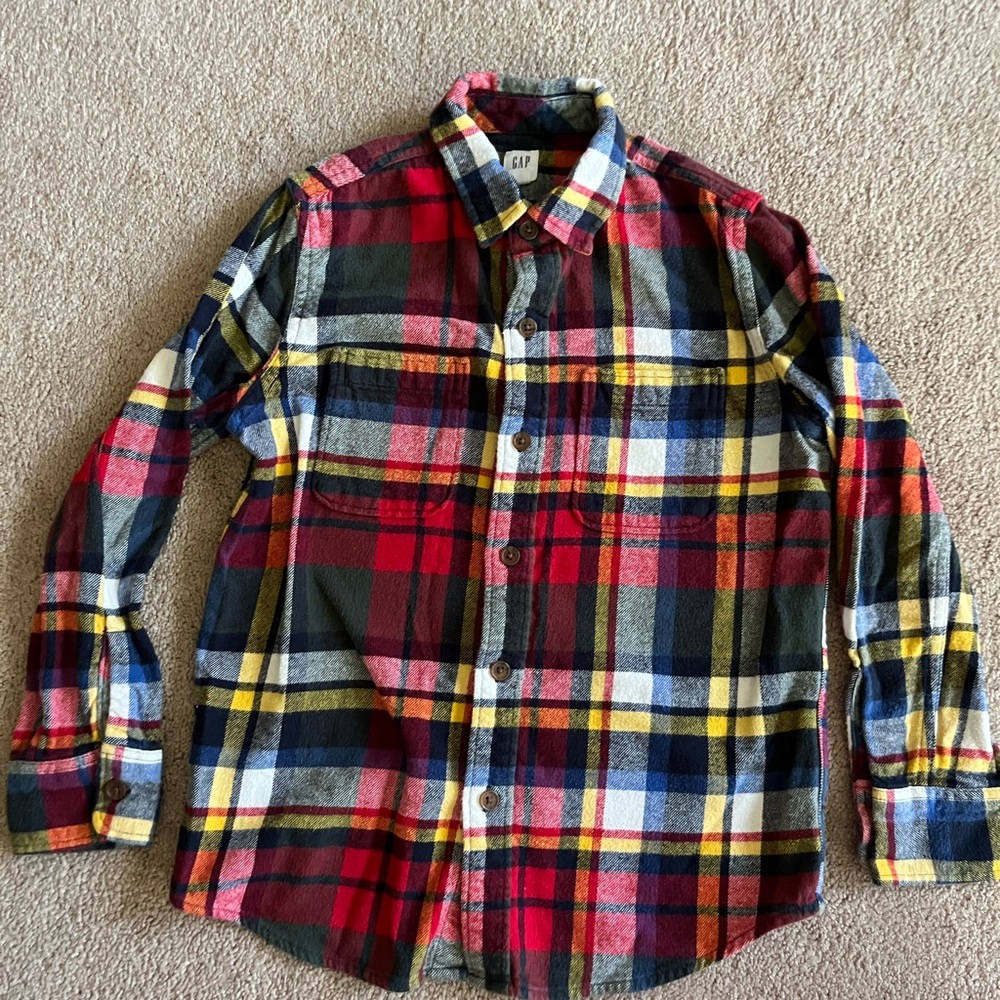 GAP boy’s Red, Yellow & Navy Plaid Button-Down Shirt